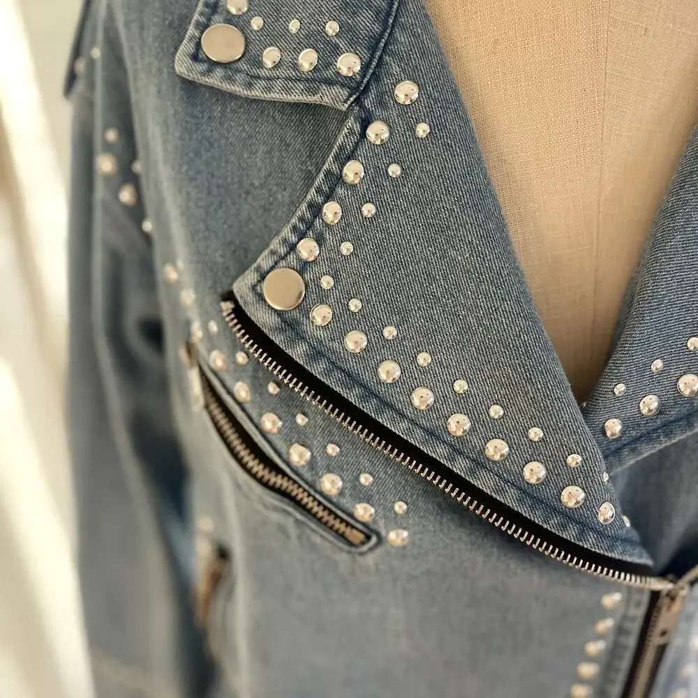 Cezele Studded Womens Denim Moto Jacket Large w/Tags Blue Western NWT - Picture 4 of 10
